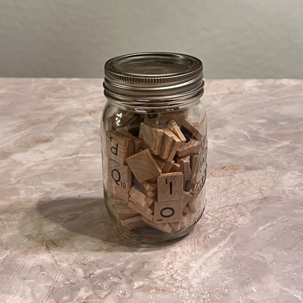 Filled Ball Mason Jar Scrabble Tiles Wooden Letters Country Decor